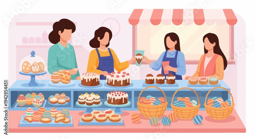Easter Bakery Shop with People Selling Cakes and Decorated Eggs Flat Vector Illustration