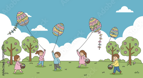 Children Playing with Easter Egg Balloons in Spring Park Flat Vector Illustration