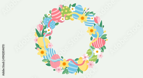 Colorful Easter wreath with decorated eggs flowers and spring leaves festive holiday illustration