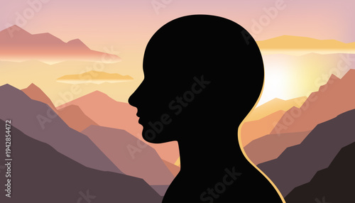 Human head silhouette with mountains