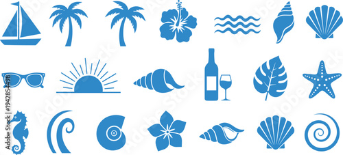 Summer beach icons set with palm trees shells starfish sailboat sun and tropical flowers cad drawing flat vector illustration blue.