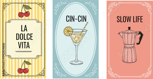 Vintage Italian lifestyle poster set with cherry cocktail and moka pot cad drawing flat vector illustration la dolce vita theme.