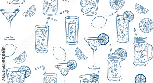 Summer cocktails seamless pattern with lemon slices ice cubes glasses and refreshing drinks cad drawing flat vector illustration blue background.