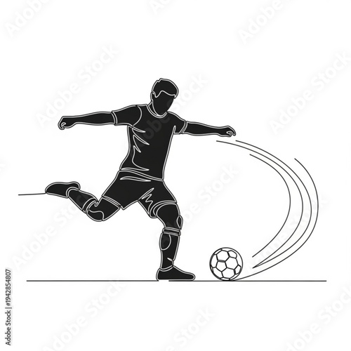 A black and white vector illustration of a soccer player kicking a ball with motion lines