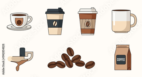 Collection of various coffee-related items including cups, to-go containers, coffee beans, and a bag of coffee.
