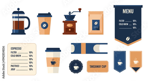 A collection of coffee-related items including a French press, disposable cups, a coffee grinder, coffee bags, and menus, presented in a flat design style.