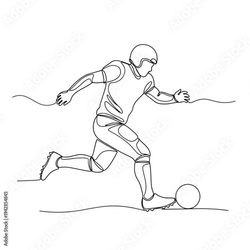 A minimalist line art illustration of a soccer player kicking a ball in motion