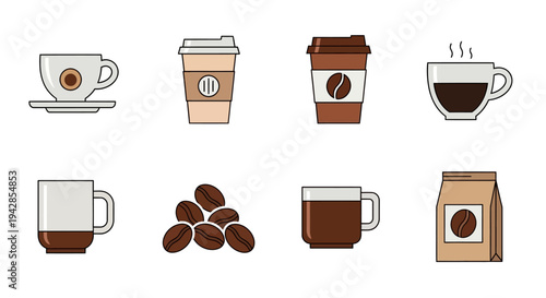 Collection of eight stylized illustrations representing various coffee-related items, including cups, mugs, beans, and packaging.