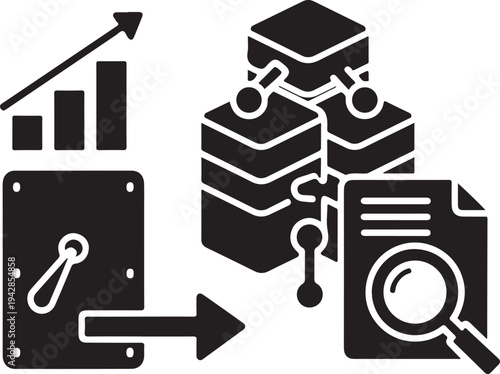 A black and white image of a wallet with a bar graph and a stack of money
