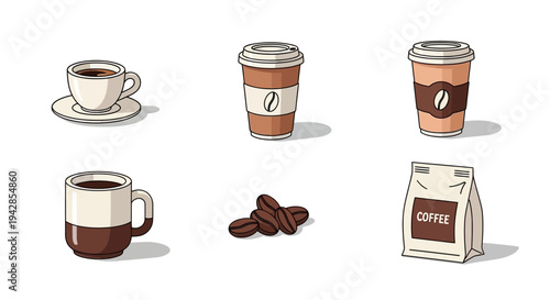A collection of various coffee-related items, including a ceramic cup and saucer, two disposable to-go cups, a mug, coffee beans, and a bag of coffee.