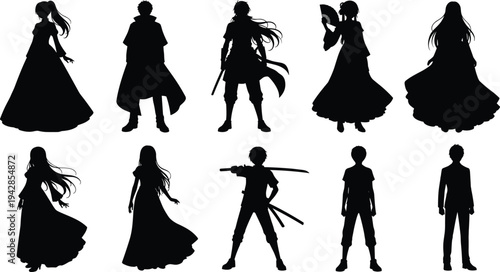Anime character silhouette illustration set with swords, weapons, distinct poses, male and female figures, stylized Japanese art