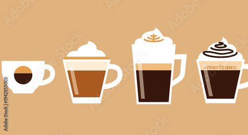 A collection of four distinct coffee drinks, showcasing different preparations and toppings, arranged horizontally against a plain background.