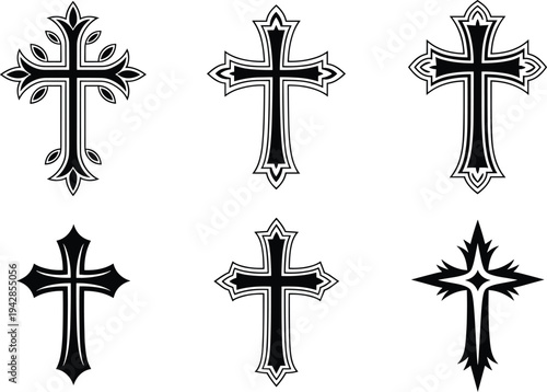 Black ornamental Christian cross vector set, ornate religious crucifix symbols for spiritual, gothic, and church decoration