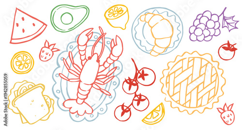 doodle illustration. set of Mediterranean food. lobster, lemon