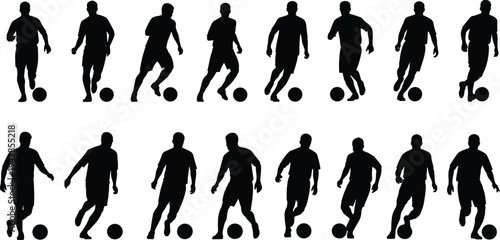 Soccer player silhouette sequence with ball control, running, walking, kicking poses, sports motion illustration set for animation and design