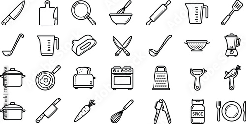 A set of black line style icons depicting business and logistics symbols, including graphs, gears, transportation, and shopping elements, isolated on white background