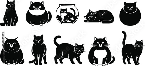 Stylized black and white cat silhouette illustration set with playful poses, humorous fishbowl design, minimalistic feline art