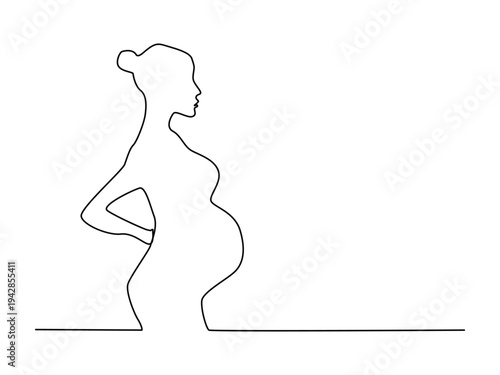  Continuous line art of Pregnant woman.  Medicine health care pregnancy healthy silhouette holding belly headline concept design.