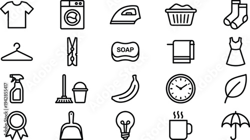 A collection of 24 line icons depicting various yoga and meditation symbols in a simple, minimalist style, ideal for wellness and spirituality themes