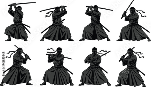 Samurai warrior silhouette illustration with katana sword, traditional attire, combat stances, martial arts, historical Japanese warrior art