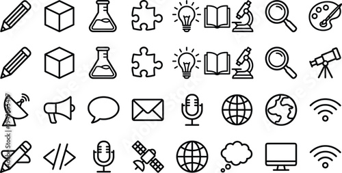 A collection of 16 black and white line icons featuring various baby and nursery items, including toys, vehicles, and objects, arranged in a grid on a pure white background