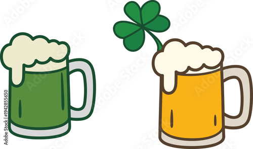 Saint Patricks Day green and yellow beer mug vector set, festive Irish celebration drinks, and lucky clover elements