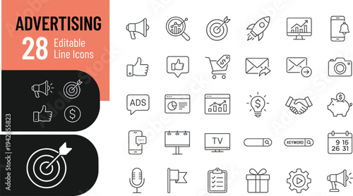 A set of black line style icons depicting ecommerce and business symbols, including shopping cart, clock, globe, gift, credit card, lock, email, magnifying glass, and more on a pure white background