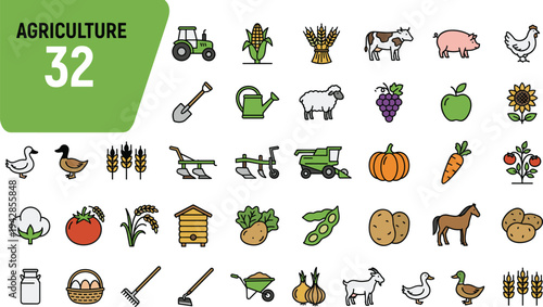 A set of 24 small black line icons on white background depicting various art related objects and tools, including cameras, easels, and buildings