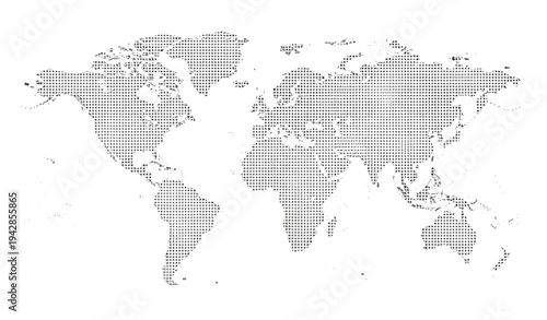 A halftone dot pattern illustration of a world map on a white background