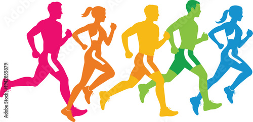 Colorful running silhouette set, vibrant male and female athletes jogging for fitness, marathon, and healthy lifestyle