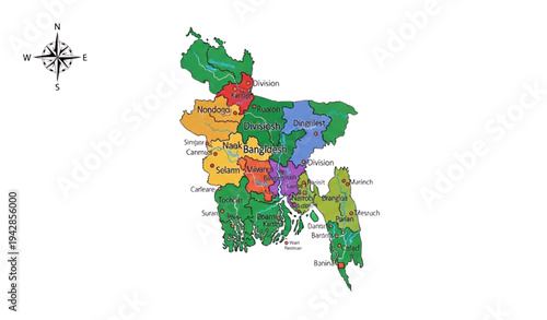 A colorful vector graphic map of Bangladesh with labeled divisions