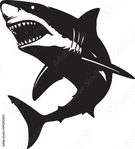 Great White Shark in silhouette on white background.