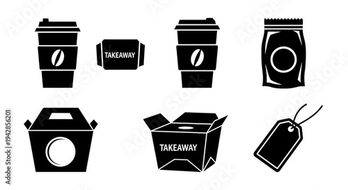 Collection of black and white icons representing takeaway food and drink packaging, including coffee cups, boxes, and a tag.