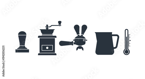 A collection of essential coffee brewing tools including a tamper, manual grinder, portafilter, milk pitcher, and thermometer.