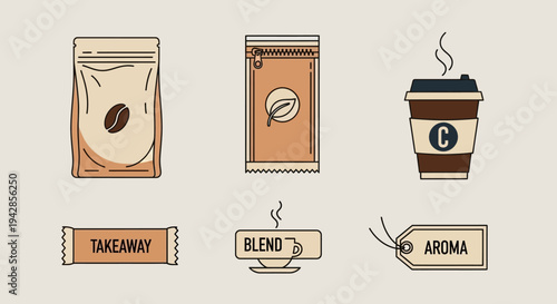 A collection of stylized icons representing coffee products and related concepts, including bags of beans, a takeaway cup, and labels for 'takeaway', 'blend', and 'aroma'.