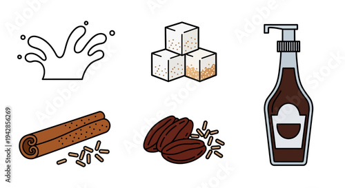 A collection of ingredients for making a flavored beverage, including milk splash, sugar cubes, chocolate syrup, cinnamon stick, cocoa beans, and coffee beans.