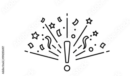 A minimalist vector graphic of an exclamation mark with celebratory confetti