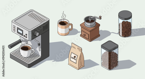 Isometric illustration of a coffee station featuring an espresso machine, a steaming mug, a manual grinder, and containers of coffee beans.