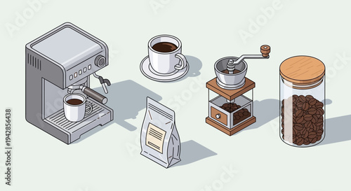 Isometric illustration of coffee-making equipment, including an espresso machine, coffee grinder, bag of beans, and a cup of coffee.