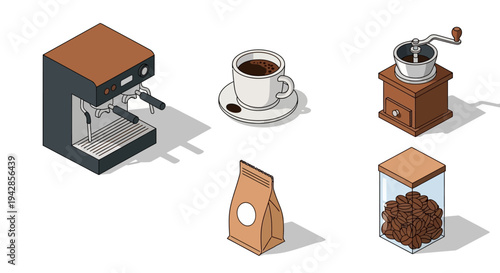 A collection of isometric illustrations depicting various coffee-related items, including an espresso machine, a cup of coffee, a coffee grinder, a bag of coffee beans, and a jar of coffee beans.
