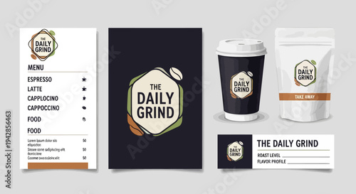 Branding and packaging design for 'The Daily Grind' coffee shop, showcasing a menu, coffee cup, and product packaging.