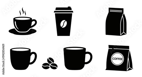 A collection of six black and white icons representing coffee in various forms, including cups, bags, and beans.