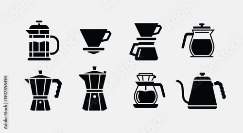 Collection of eight black silhouette icons representing various coffee brewing methods and vessels, arranged in two rows against a light gray background.
