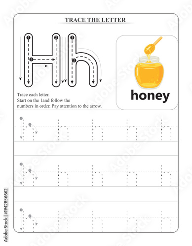 Letter H Tracing Worksheet for Kids - Alphabet Learning with Honey Illustration