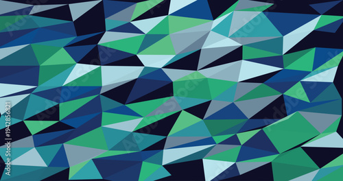 Geometric low poly mosaic background with blue and green triangles forming textured crystalline surface for modern corporate and creative backgrounds