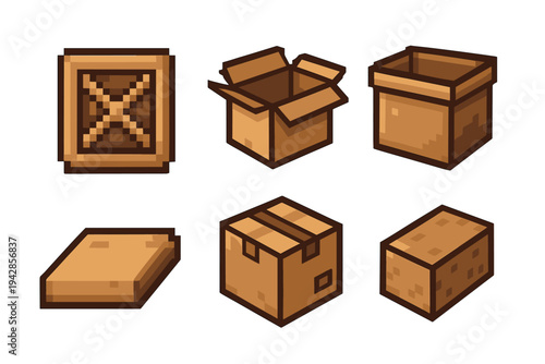Pixel art boxes and a wooden crate collection featuring different states, ideal for crafting game assets, digital design, and retro-themed projects.
