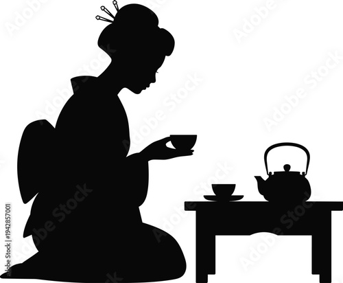 Japanese woman in traditional kimono silhouette sitting and performing tea ceremony with teapot and cups on low table isolated on white background for cultural design.