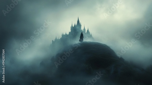 Mysterious Figure Standing in Foggy Landscape with Dark Castle Silhouetted Against Stormy Sky, Evoking a Sense of Intrigue and Adventure in Gothic Atmosphere