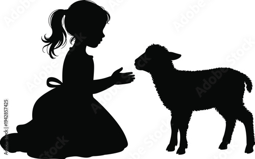 Black silhouette of a little girl kneeling and reaching out to a small lamb isolated on white background, farm animal and child vector illustration.