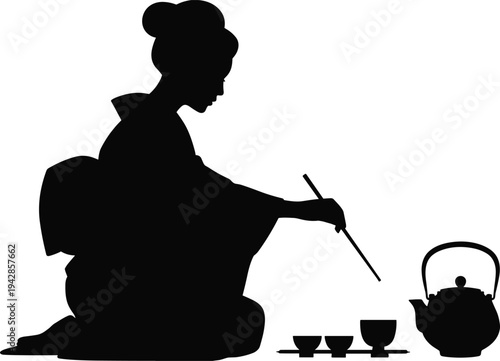 Black silhouette of a Japanese woman in kimono performing a traditional tea ceremony with teapot and cups isolated on white background, Asian culture vector.